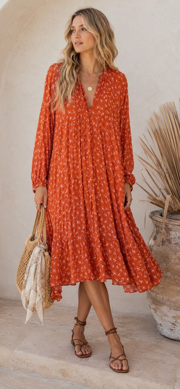 Samsoe Orange Elma Bellis Creta Midi Dress Womens XL Pleated Modest Long Sleeve